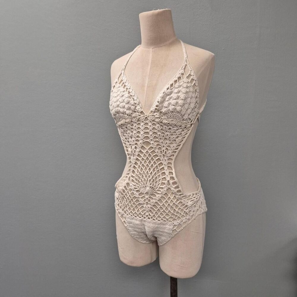 vintage Beachcomber Women's Cream Tan Cotton crochet Swimsuit-one-piece Monokini - Picture 3 of 10